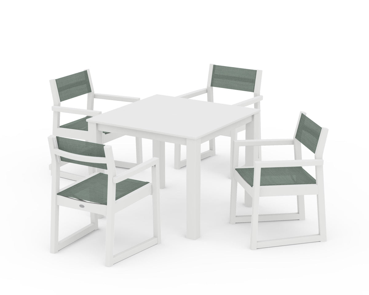 POLYWOOD EDGE Sling Arm Chair 5-Piece Parsons Dining Set in White / Dupioni Sea Mist