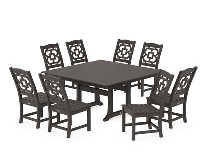 POLYWOOD Chinoiserie 9-Piece Square Farmhouse Side Chair Dining Set with Trestle Legs in Vintage Coffee