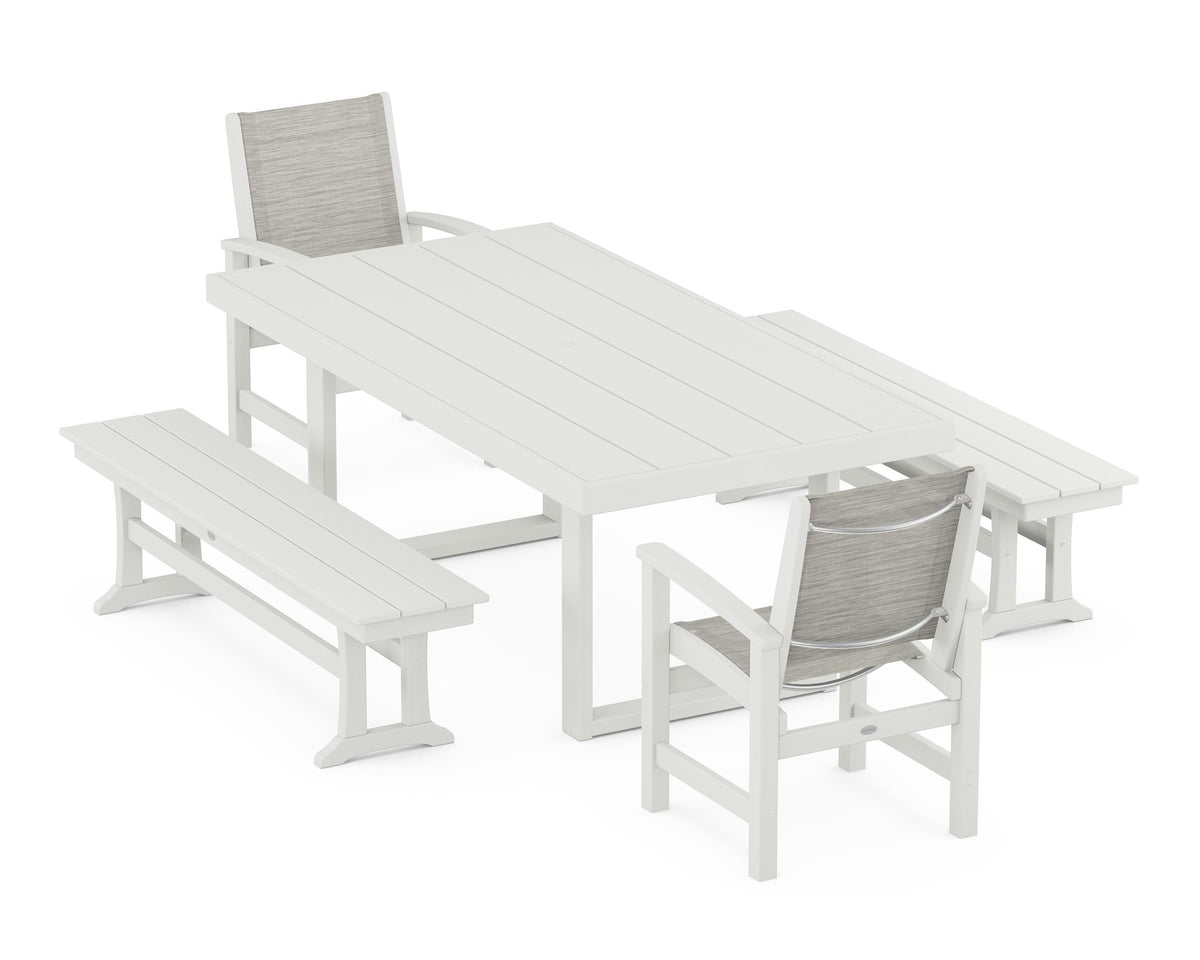 POLYWOOD Coastal 5-Piece Dining Set with Trestle Legs with EDGE 40" x 78" Dining Table in Vintage White / Birch
