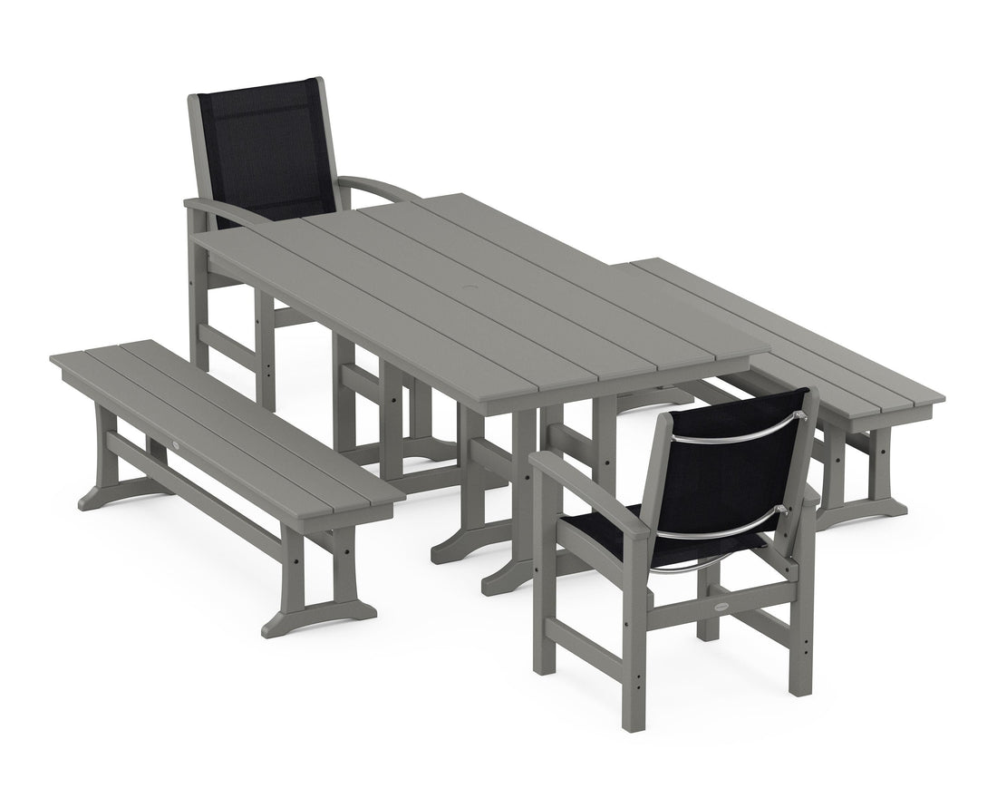 POLYWOOD Coastal 5-Piece Farmhouse Dining Set with Farmhouse 37" x 72" Dining Table in Slate Grey / Black