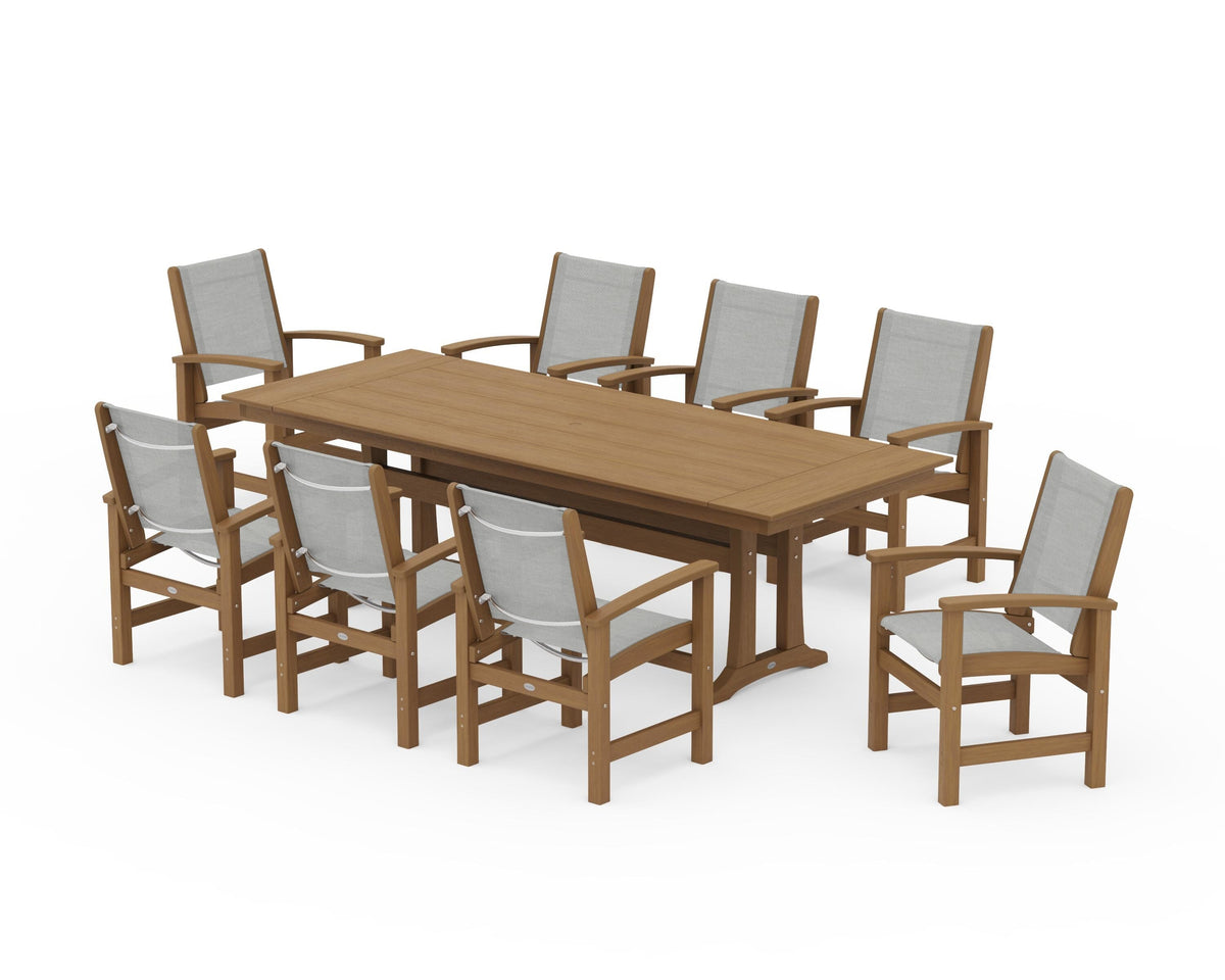 POLYWOOD Coastal 9-Piece Farmhouse Dining Set with Trestle Legs in Natural / Metallic