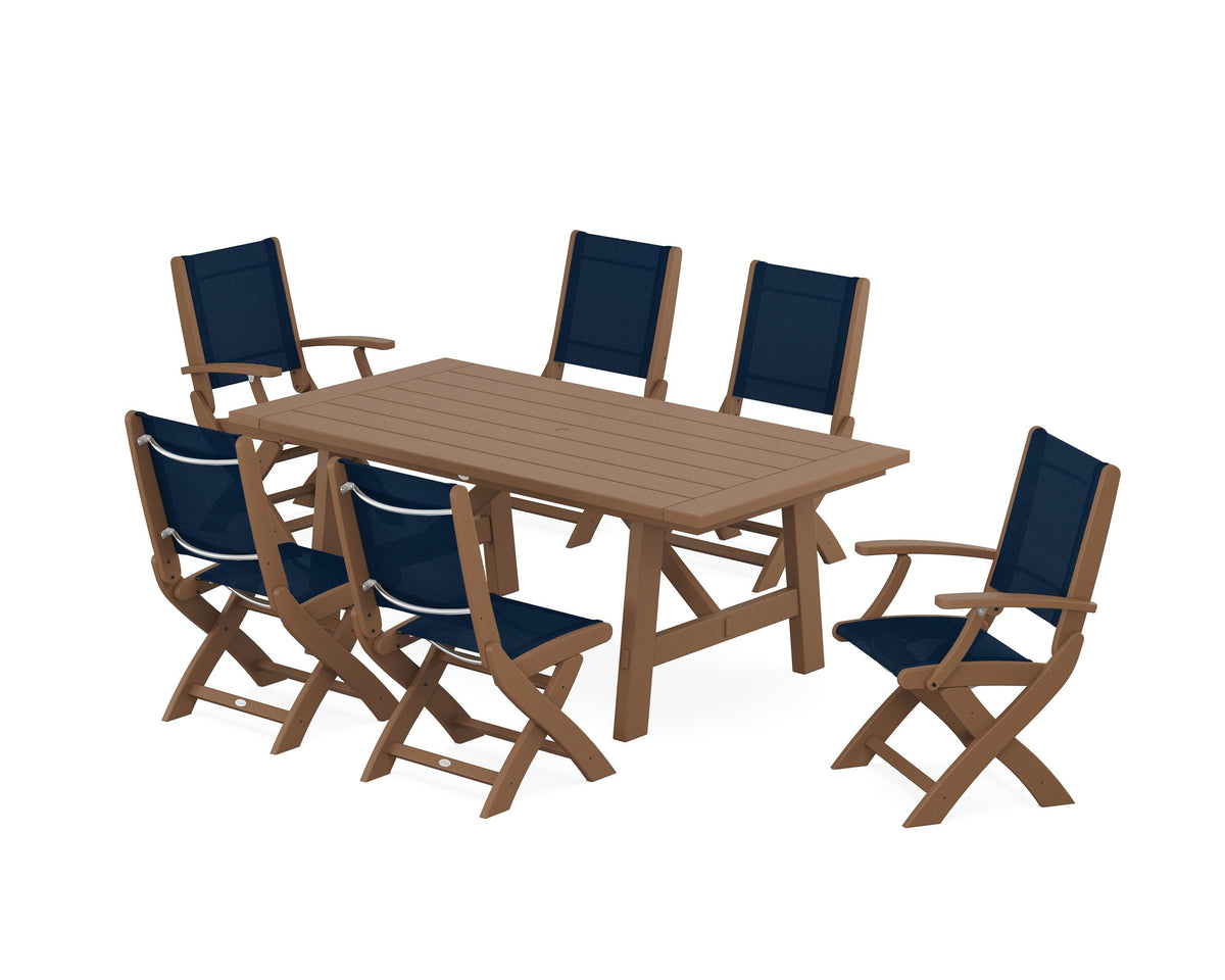 POLYWOOD Coastal Folding Chair 7-Piece Rustic Farmhouse Dining Set in Teak / Navy Blue
