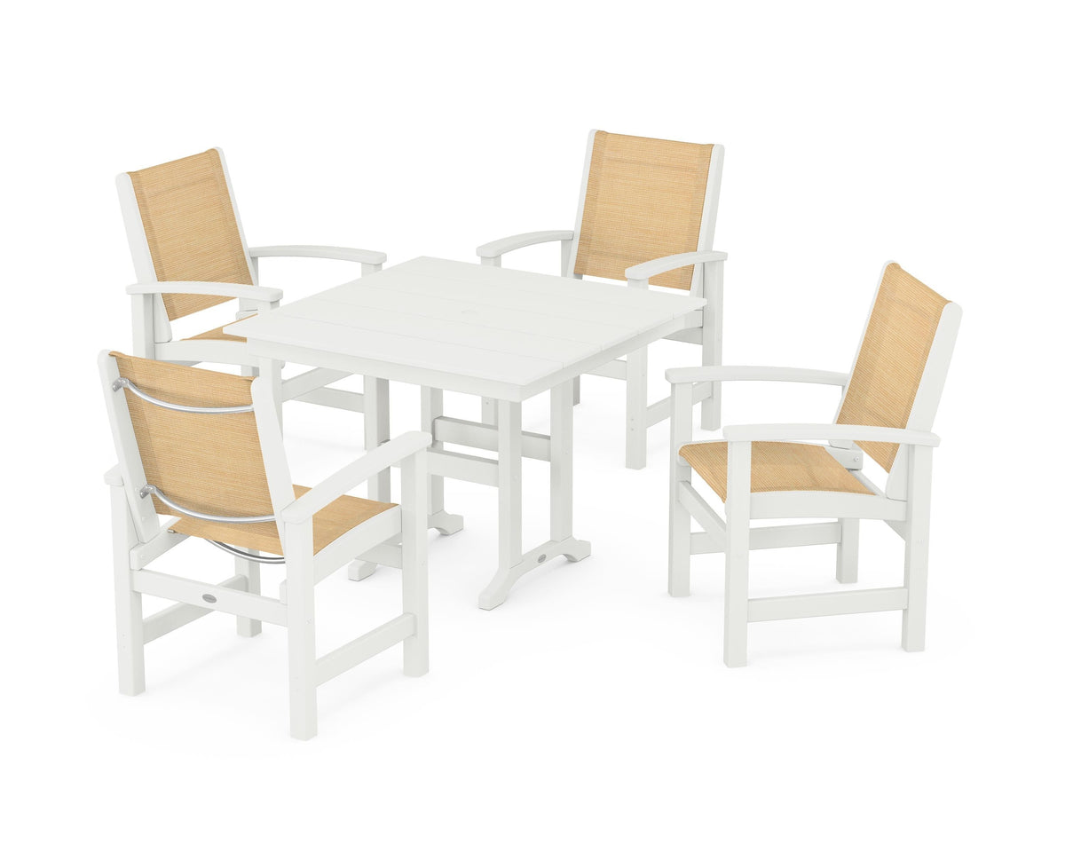 POLYWOOD Coastal 5-Piece Farmhouse Dining Set with Farmhouse 37" Dining Table in Vintage White / Dupioni Apricot