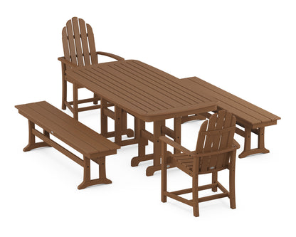 POLYWOOD Classic Adirondack 5-Piece Dining Set with Benches - 37" x 72" Table in Teak