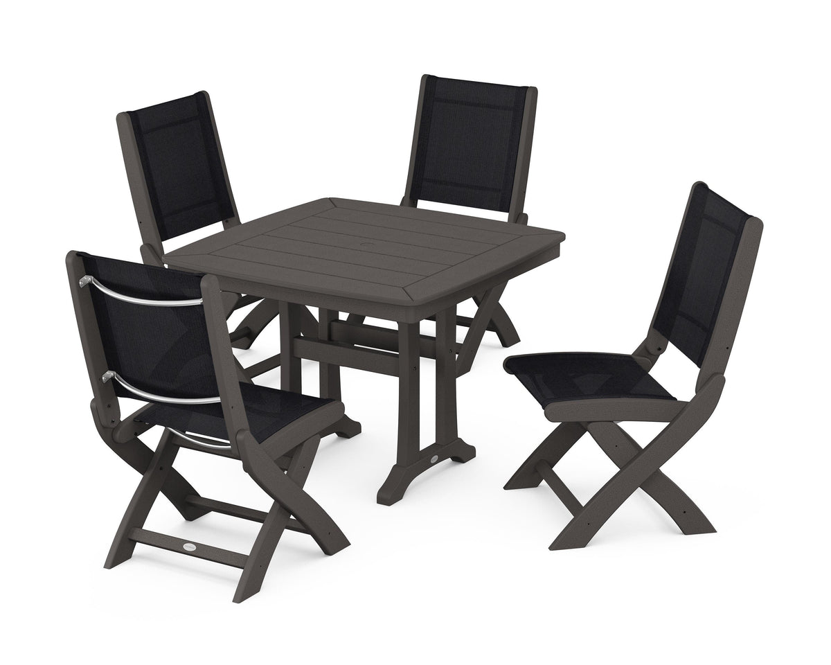 POLYWOOD Coastal Folding Side Chair 5-Piece Dining Set with Trestle Legs in Vintage Coffee / Black