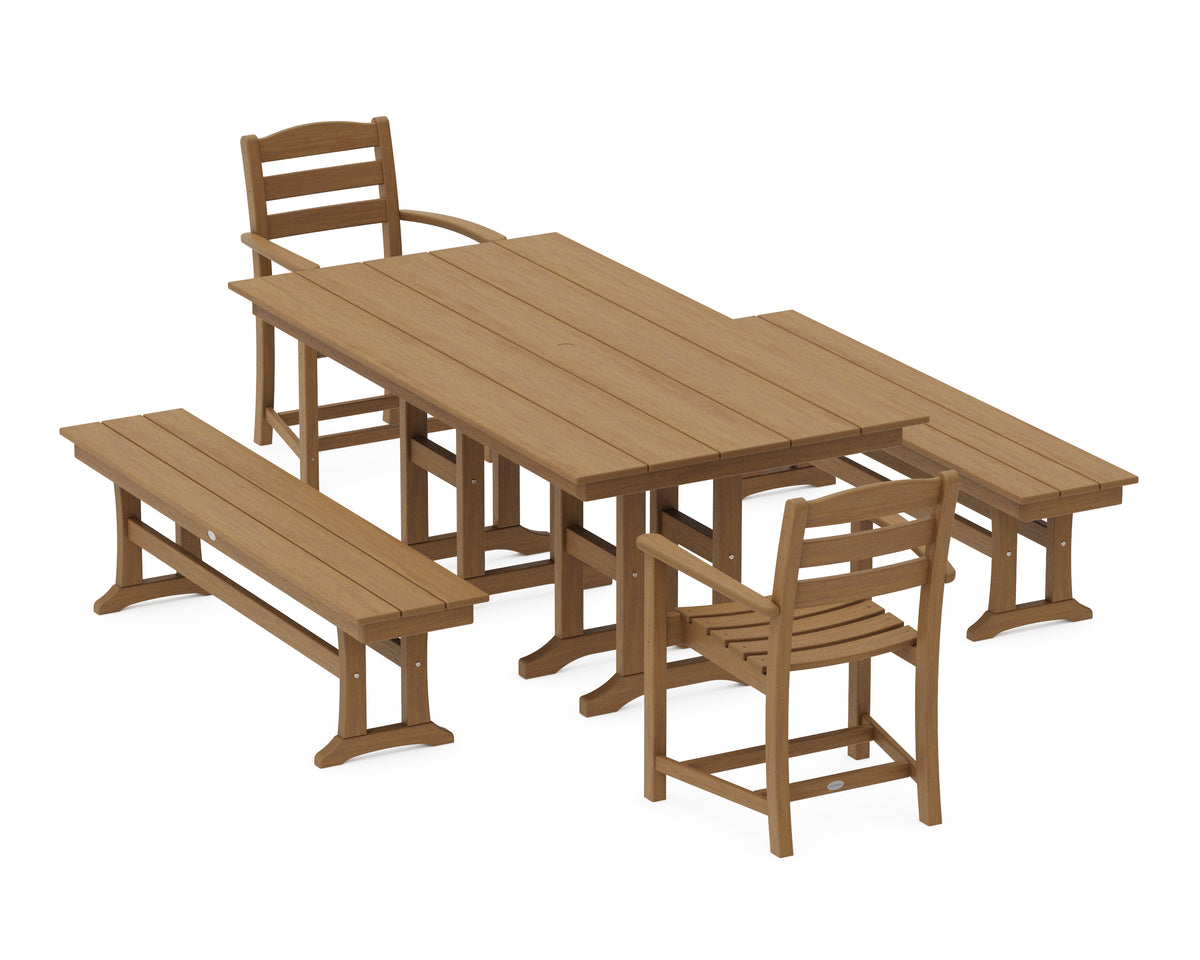 POLYWOOD La Casa Café 5-Piece Farmhouse Dining Set with Benches in Natural