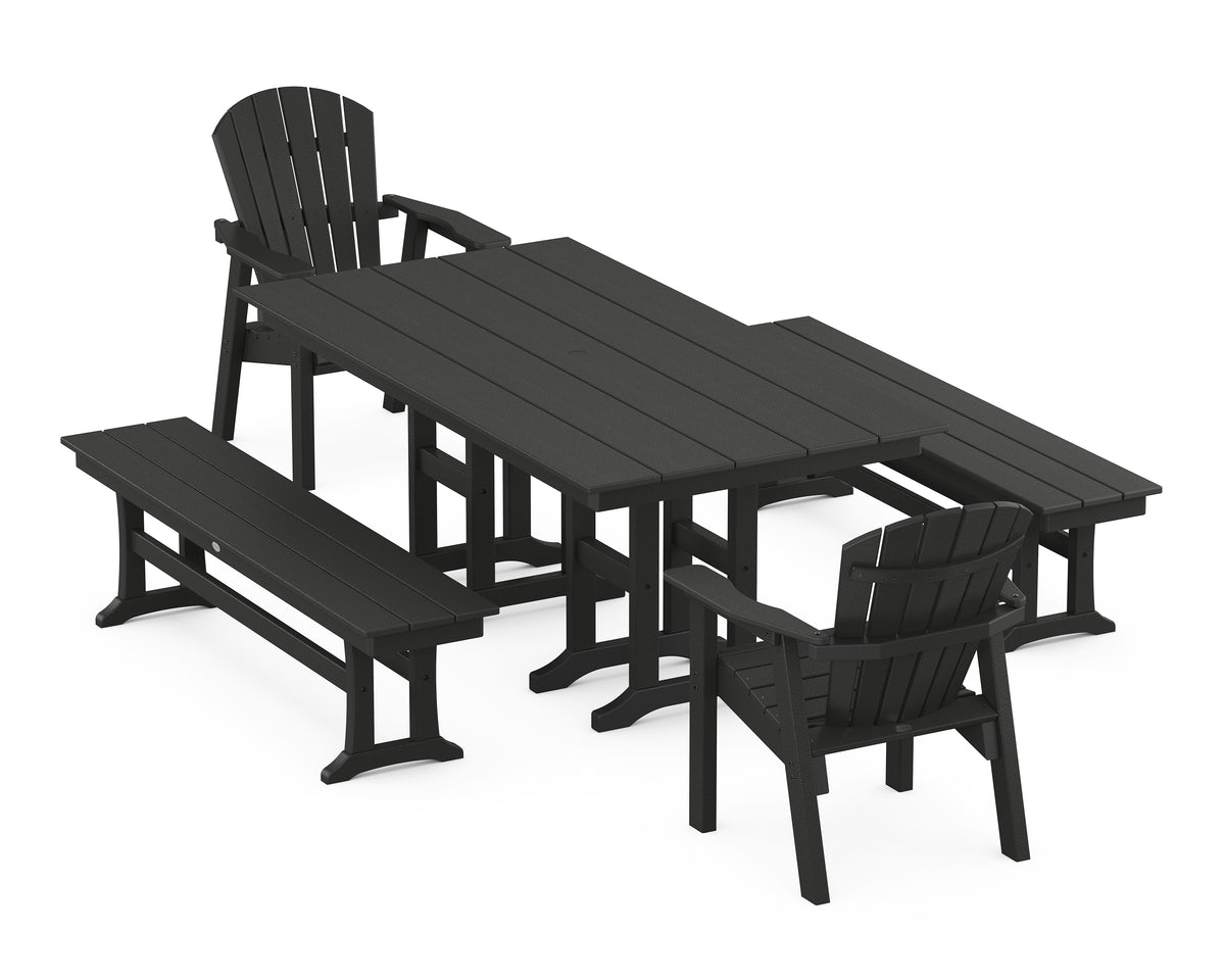 POLYWOOD Seashell 5-Piece Farmhouse Dining Set with Benches in Black