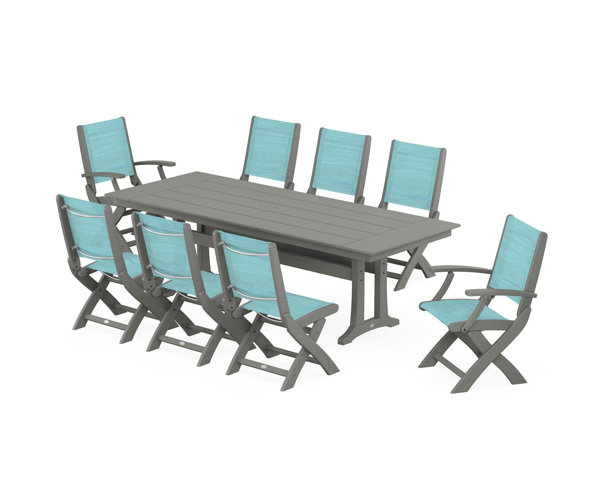 POLYWOOD Coastal 9-Piece Folding Dining Chair Farmhouse Dining Set with Trestle Legs in Slate Grey / Dupioni Aquamarine