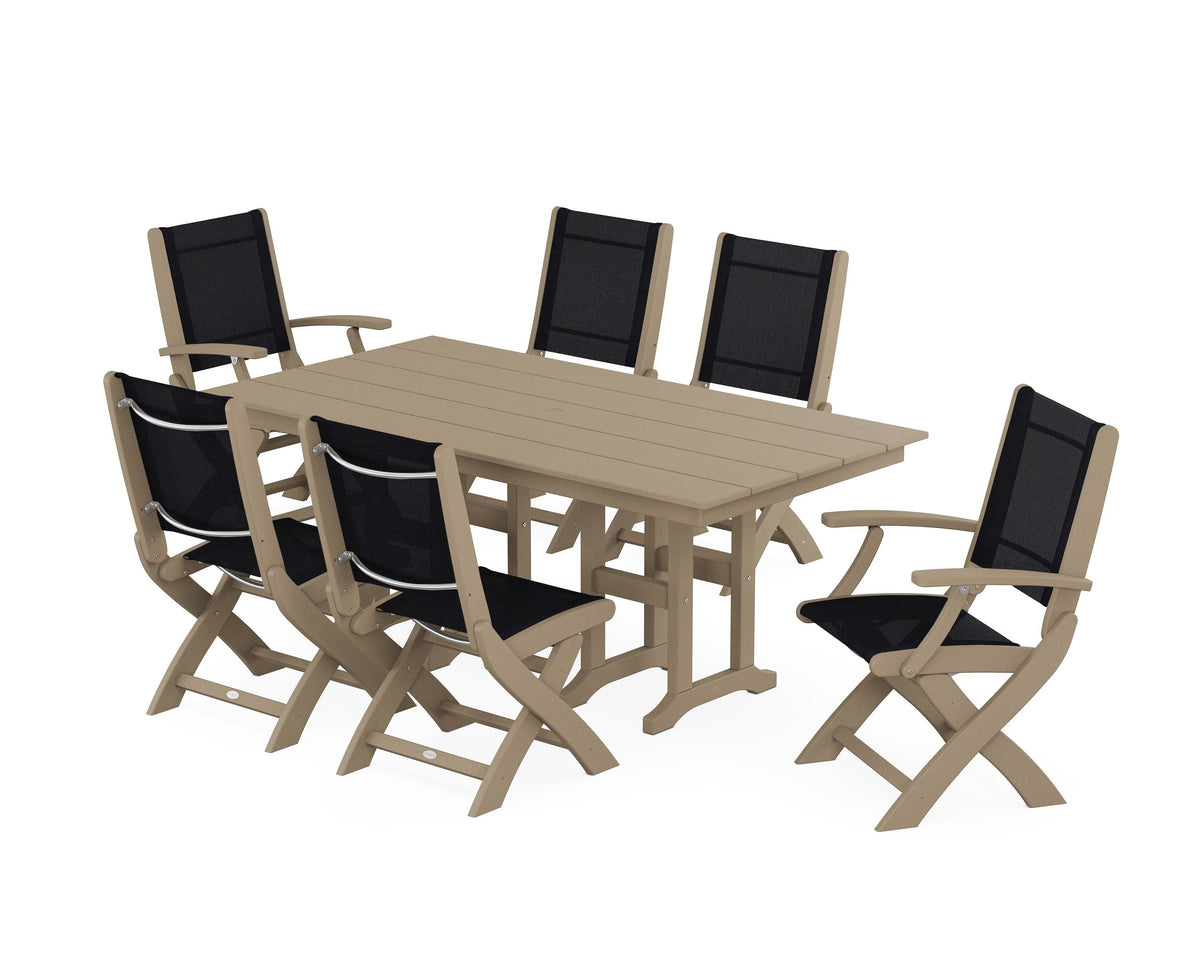 POLYWOOD Coastal Folding Chair 7-Piece Farmhouse Dining Set in Vintage Sahara / Black