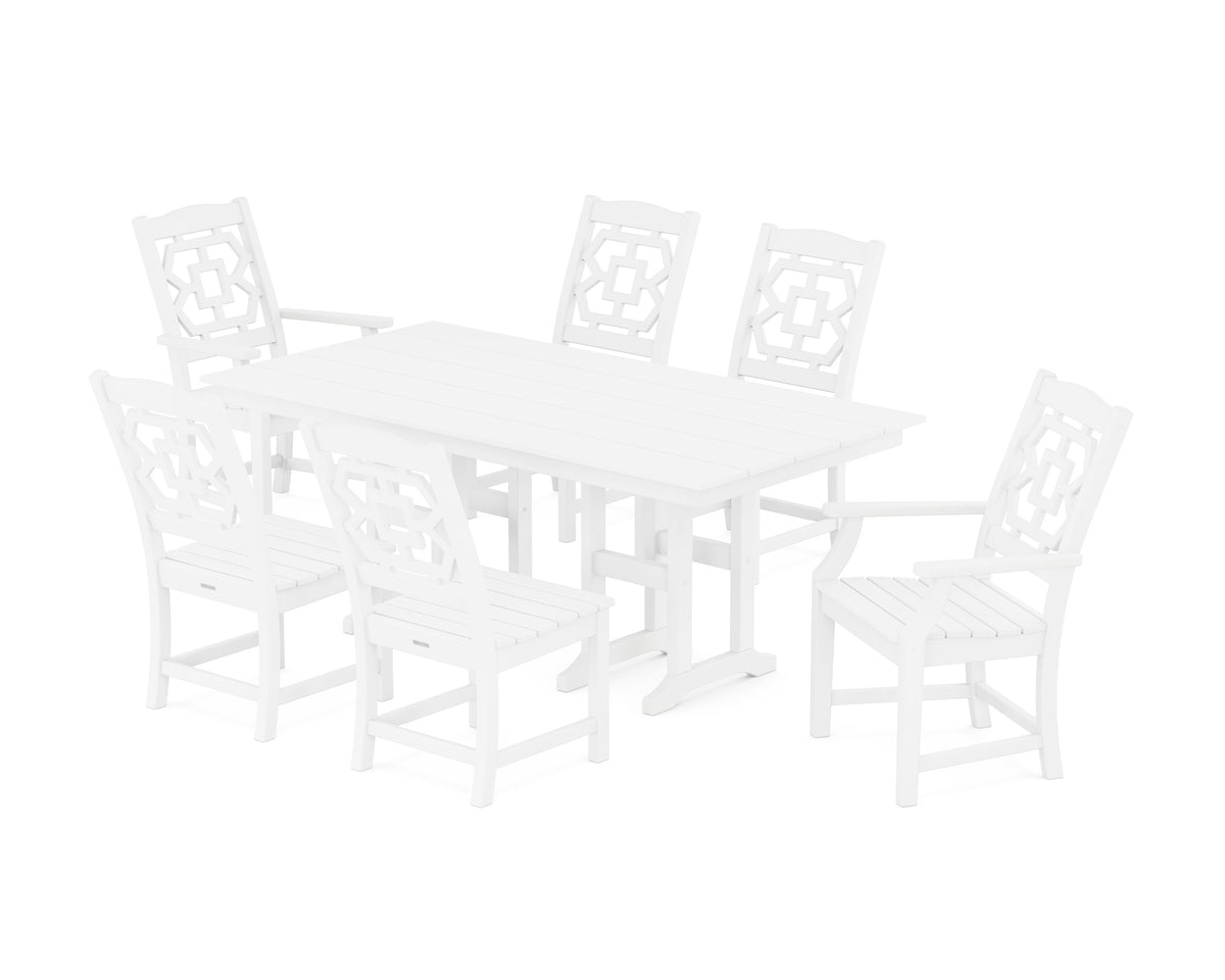 POLYWOOD Chinoiserie 7-Piece Farmhouse Dining Set in White