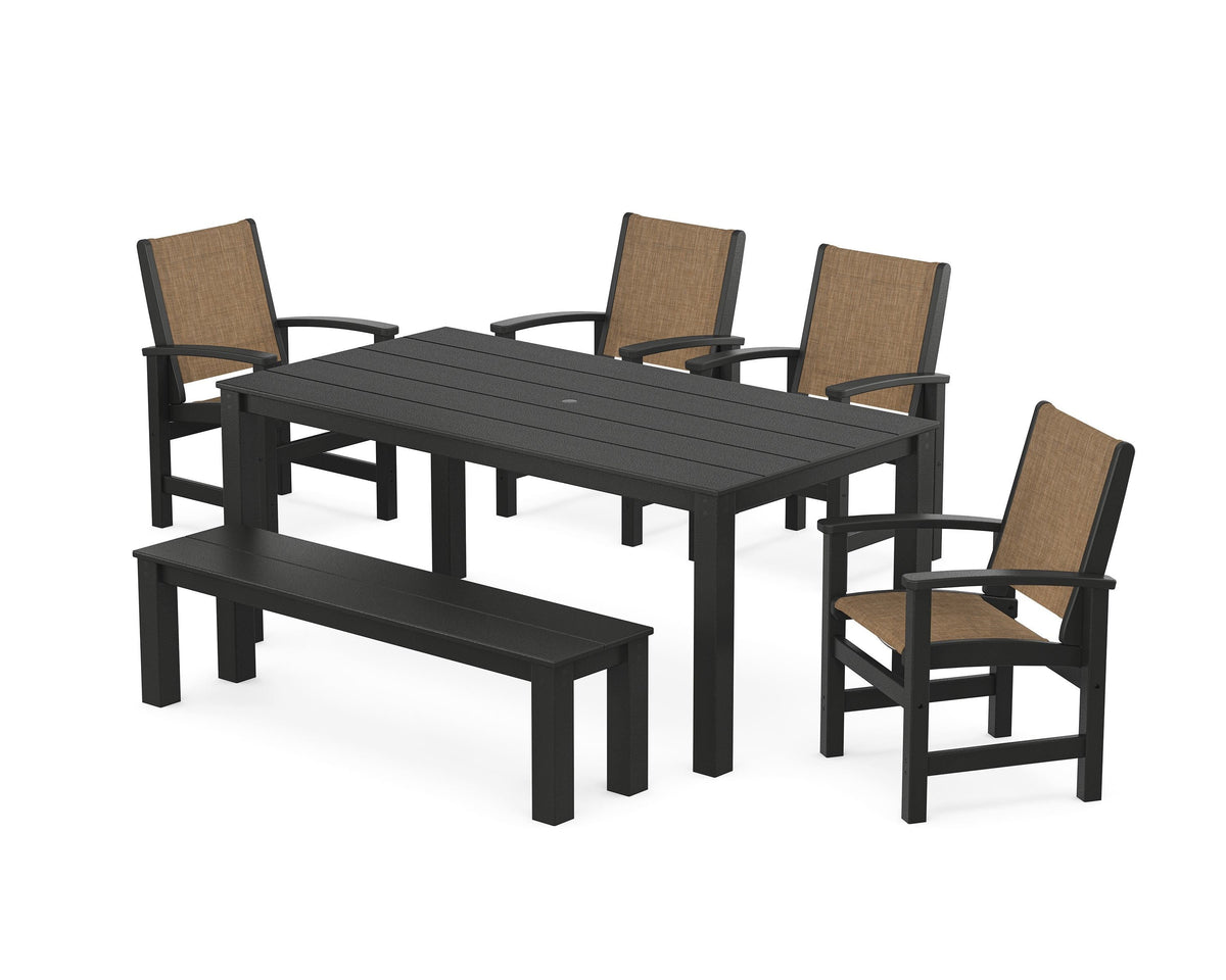 POLYWOOD Coastal 6-Piece Parsons Dining Set with Bench in Black / Burlap