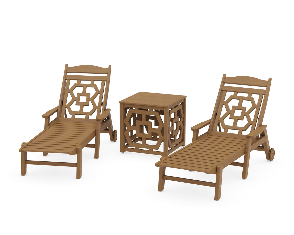 POLYWOOD Chinoiserie 3-Piece Chaise Set with Umbrella Stand Accent Table in Natural
