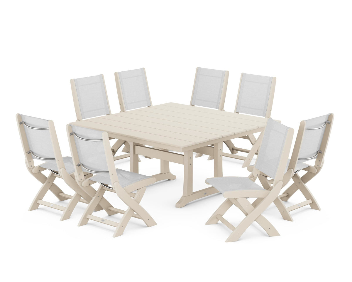 POLYWOOD Coastal Folding Side Chair 9-Piece Farmhouse Dining Set in Sand / White