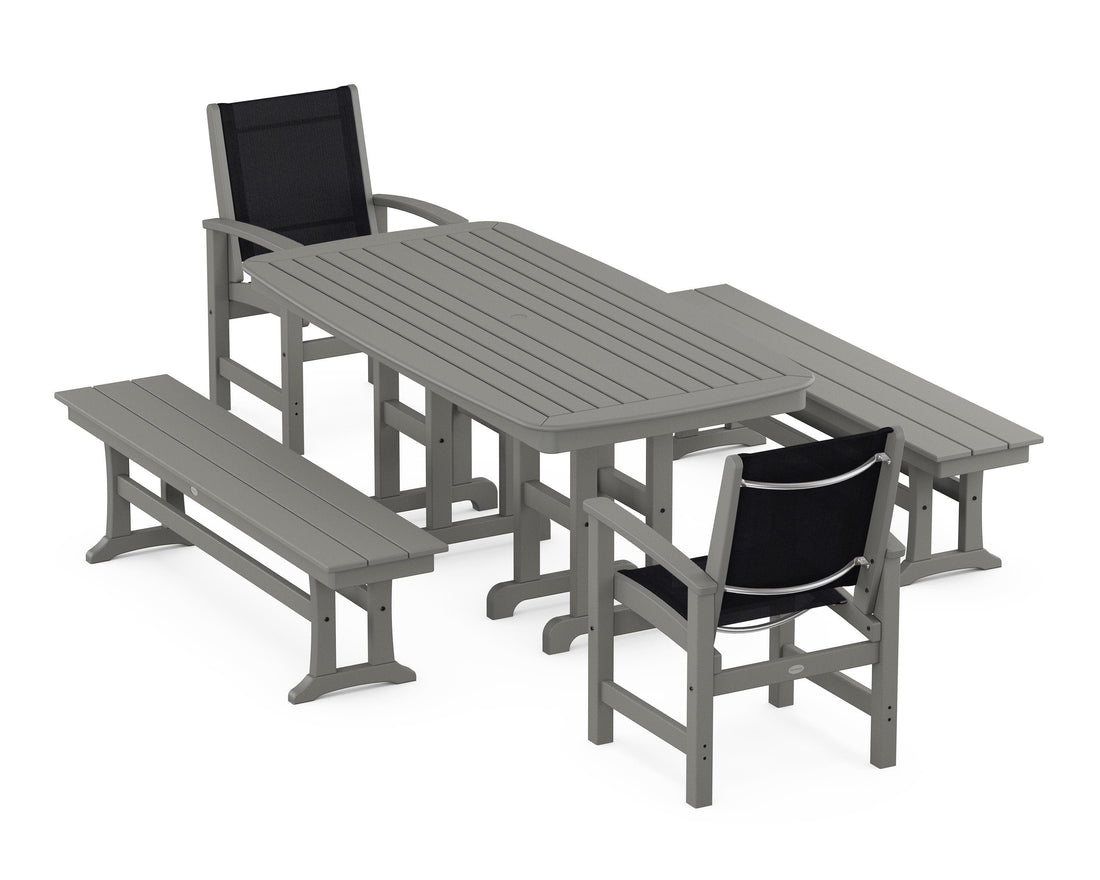 POLYWOOD Coastal 5-Piece Dining Set with Nautical 37" x 72" Dining Table in Slate Grey / Black