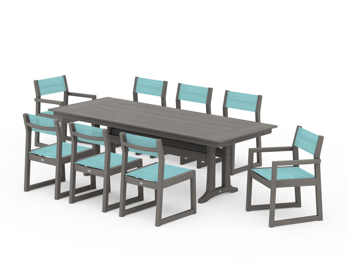 POLYWOOD EDGE Sling 9-Piece Farmhouse Trestle Dining Set in Driftwood / Dupioni Aquamarine