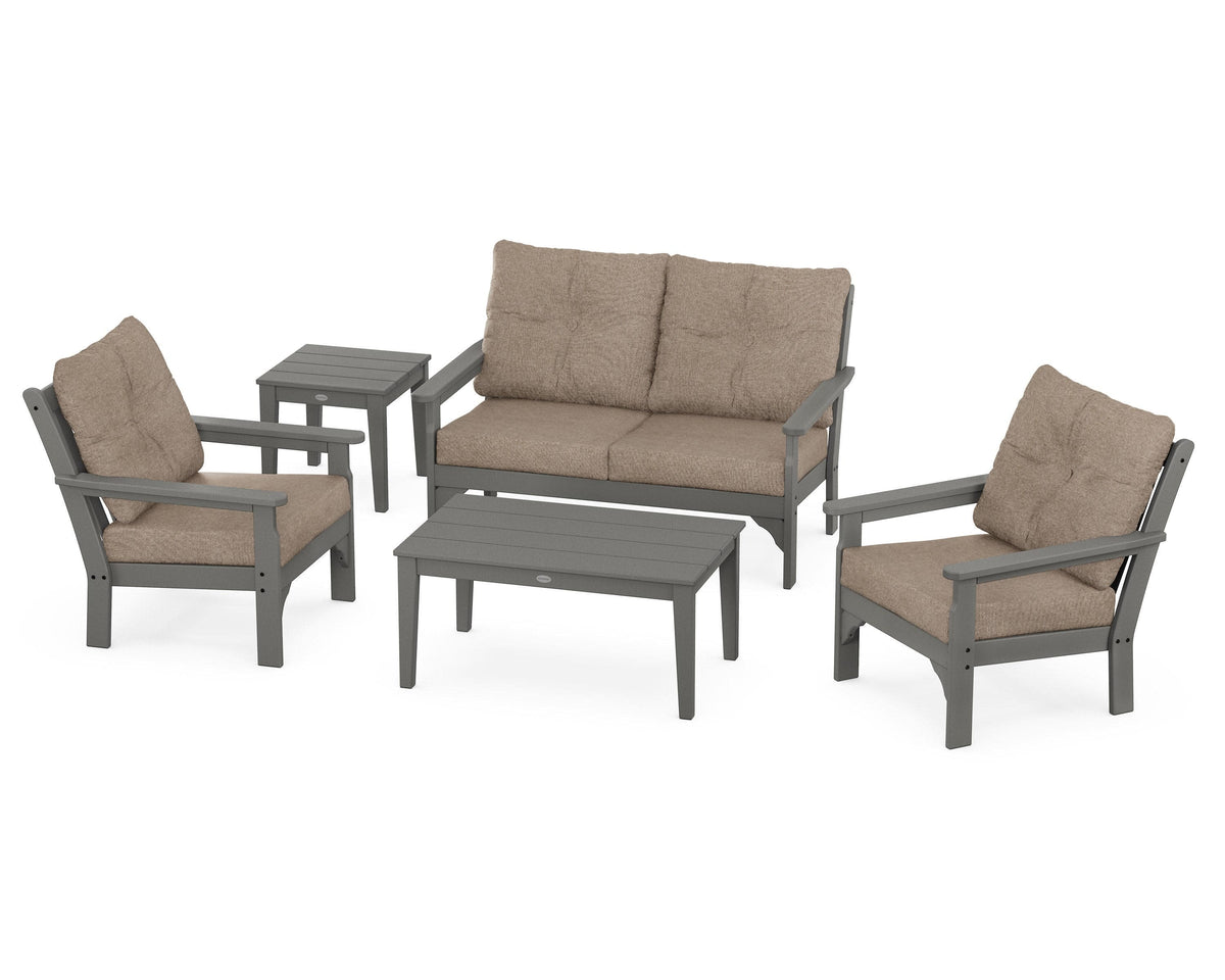 POLYWOOD Vineyard 5-Piece Deep Seating Set with Two Chairs and Loveseat in Slate Grey / Spiced Burlap