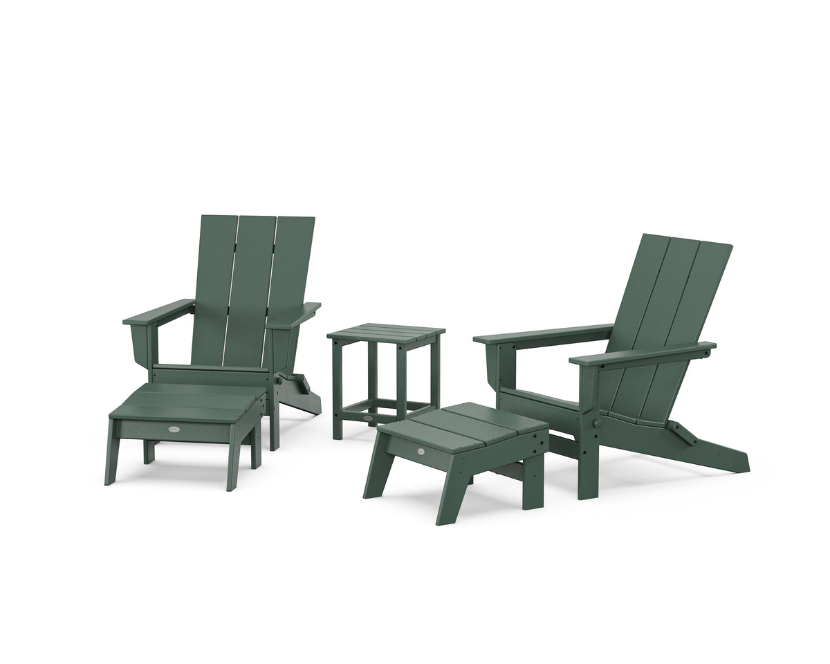 POLYWOOD 5-Piece Modern Studio Folding Adirondack Set with Ottomans and Side Table in Green