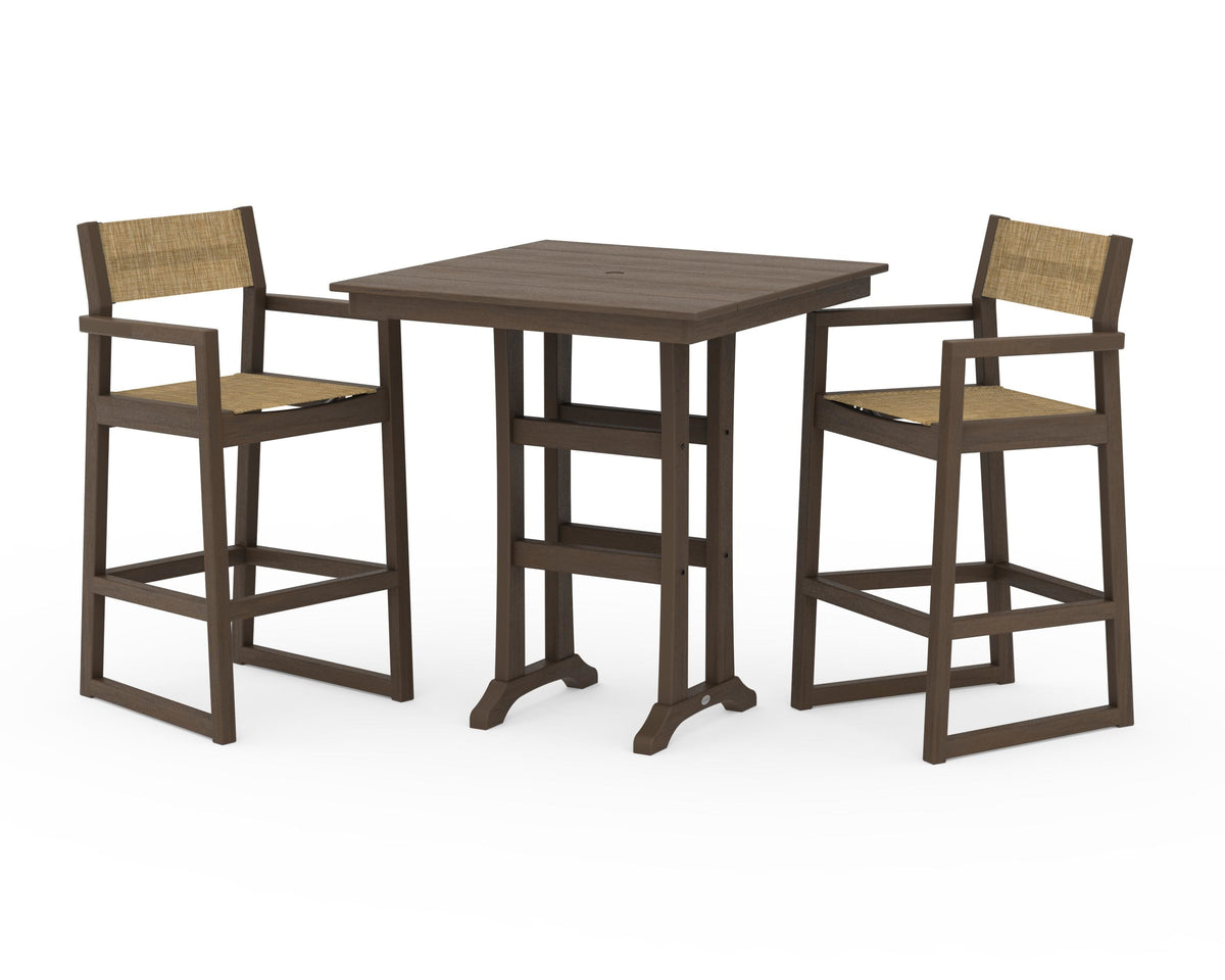 POLYWOOD EDGE Sling Arm Chair 3-Piece Farmhouse Bar Set with Trestle Legs in Kona / Burlap