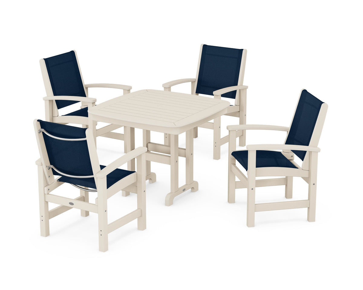 POLYWOOD Coastal 5-Piece Dining Set with Nautical 37" Dining Table in Sand / Navy Blue
