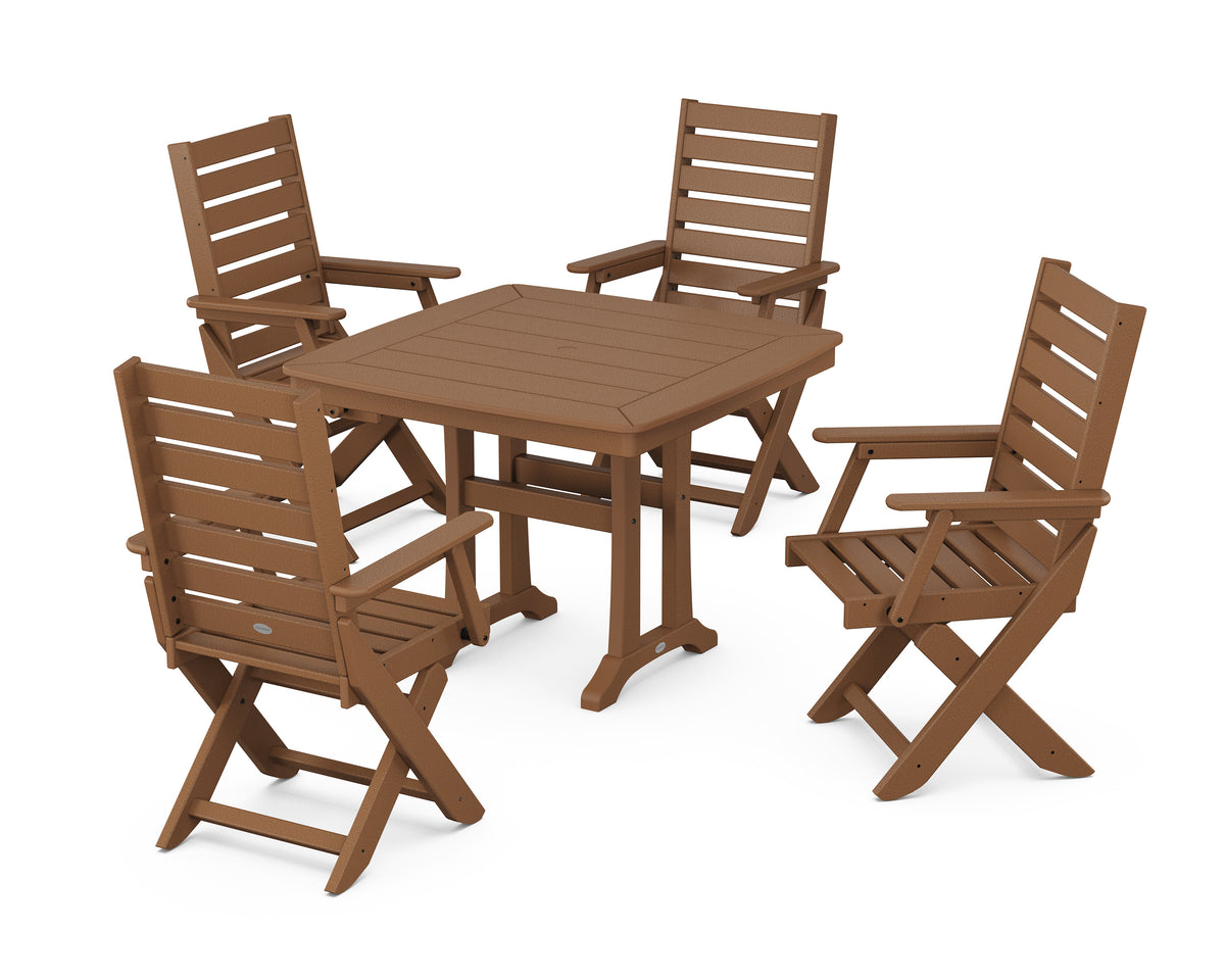 POLYWOOD Captain Folding Chair 5-Piece Dining Set with Trestle Legs - 37" Table in Teak