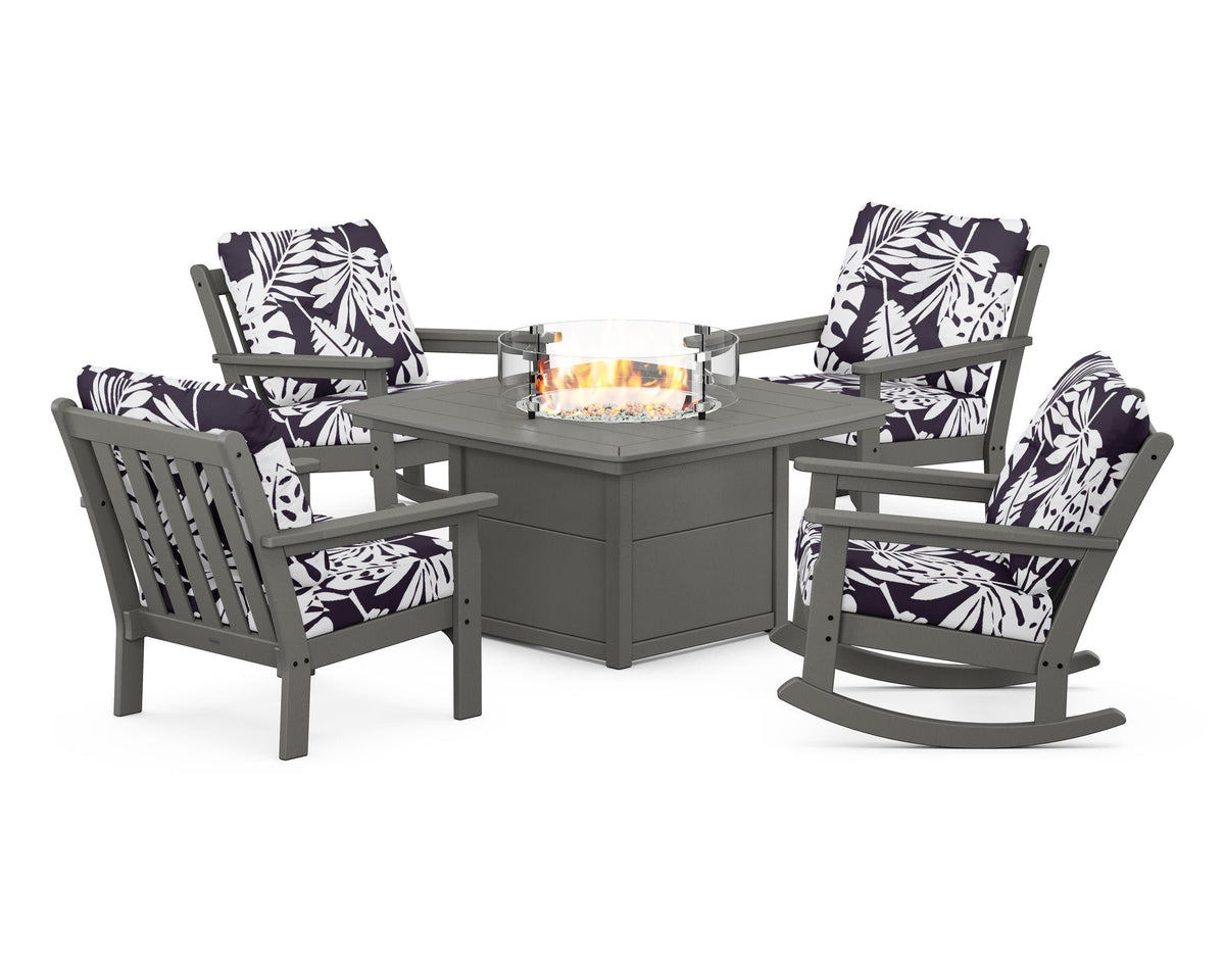 POLYWOOD Vineyard 5-Piece Deep Seating Rocking Chair Conversation Set with Fire Pit Table in Slate Grey / Leaf Navy