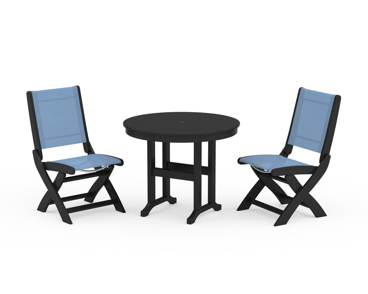 POLYWOOD Coastal Folding Side Chair 3-Piece Round Dining Set in Black / Poolside
