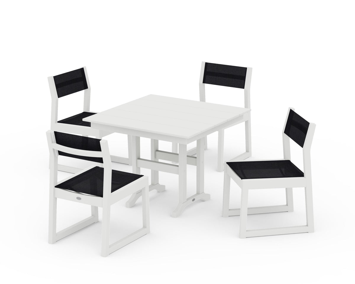 POLYWOOD EDGE Sling Side Chair 5-Piece Farmhouse Dining Set in Vintage White / Black