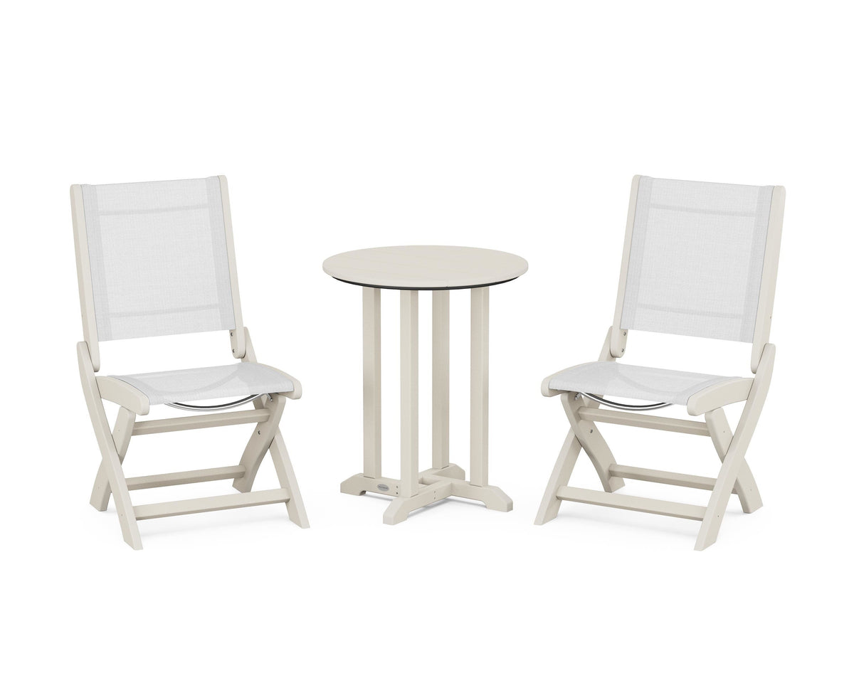 POLYWOOD Coastal Folding Side Chair 3-Piece Round Bistro Dining Set in Sand / White