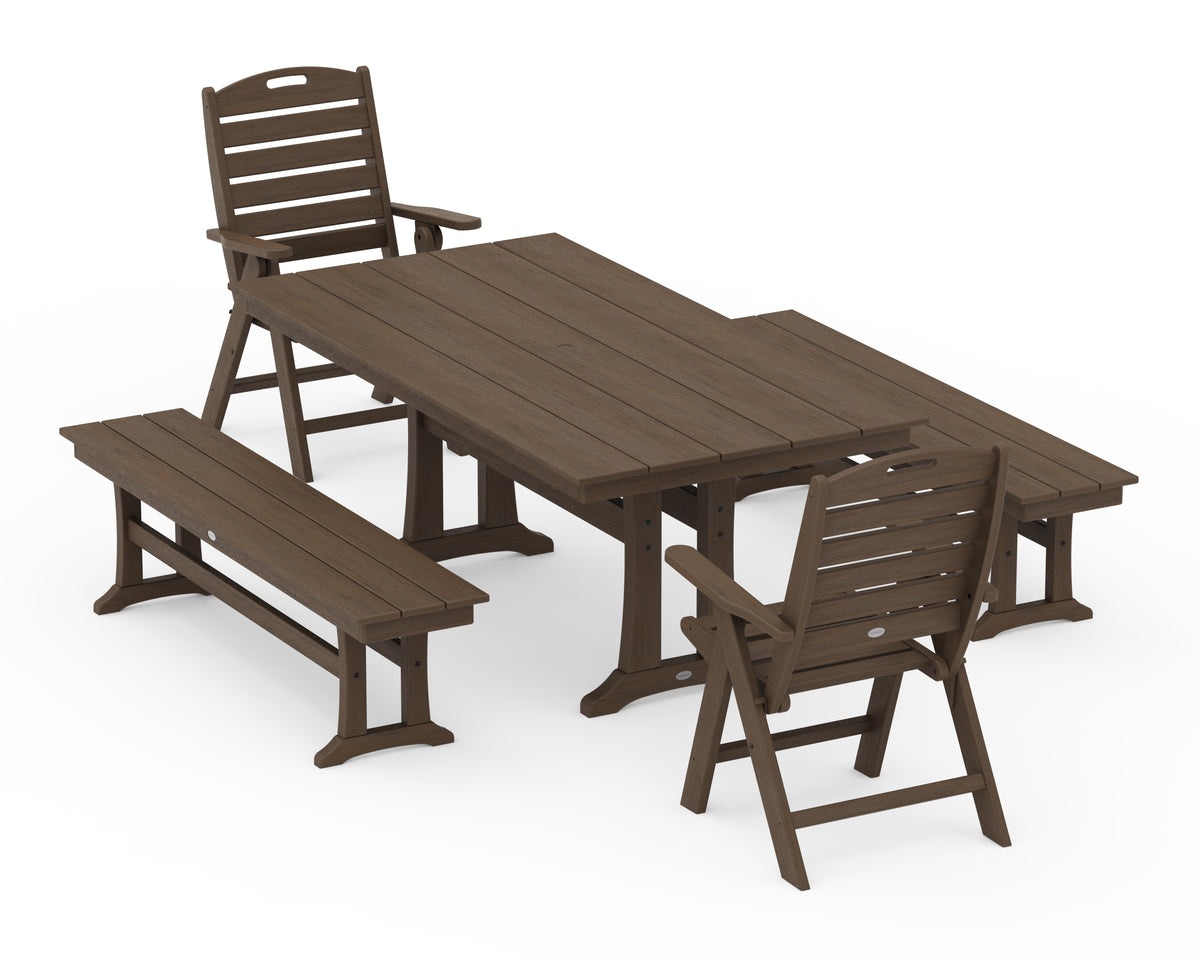 POLYWOOD Nautical Folding Highback Chair 5-Piece Farmhouse Dining Set with Trestle Legs and Benches in Kona