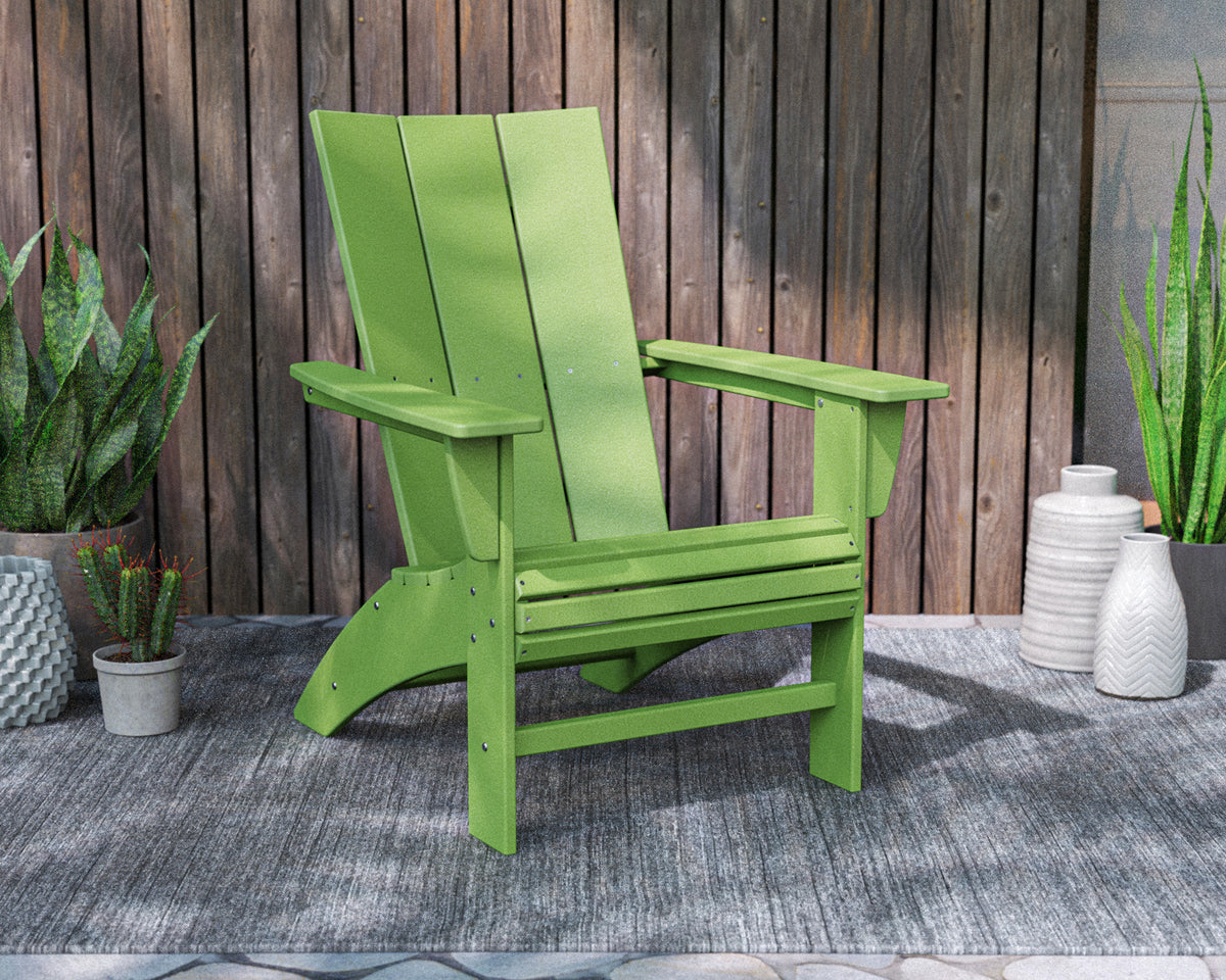 Lifestyle photo of the POLYWOOD Modern Curveback Adirondack Chair in Lime