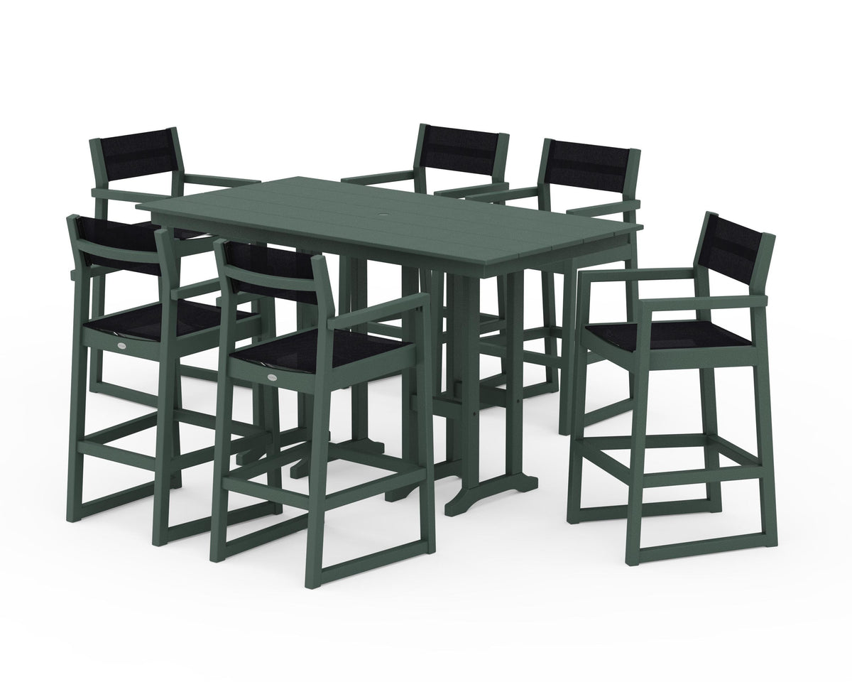 POLYWOOD EDGE Sling Arm Chair 7-Piece Farmhouse Bar Set in Green / Black