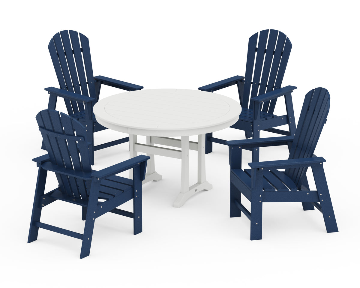 POLYWOOD South Beach 5-Piece Round Dining Set with Trestle Legs in Navy / White