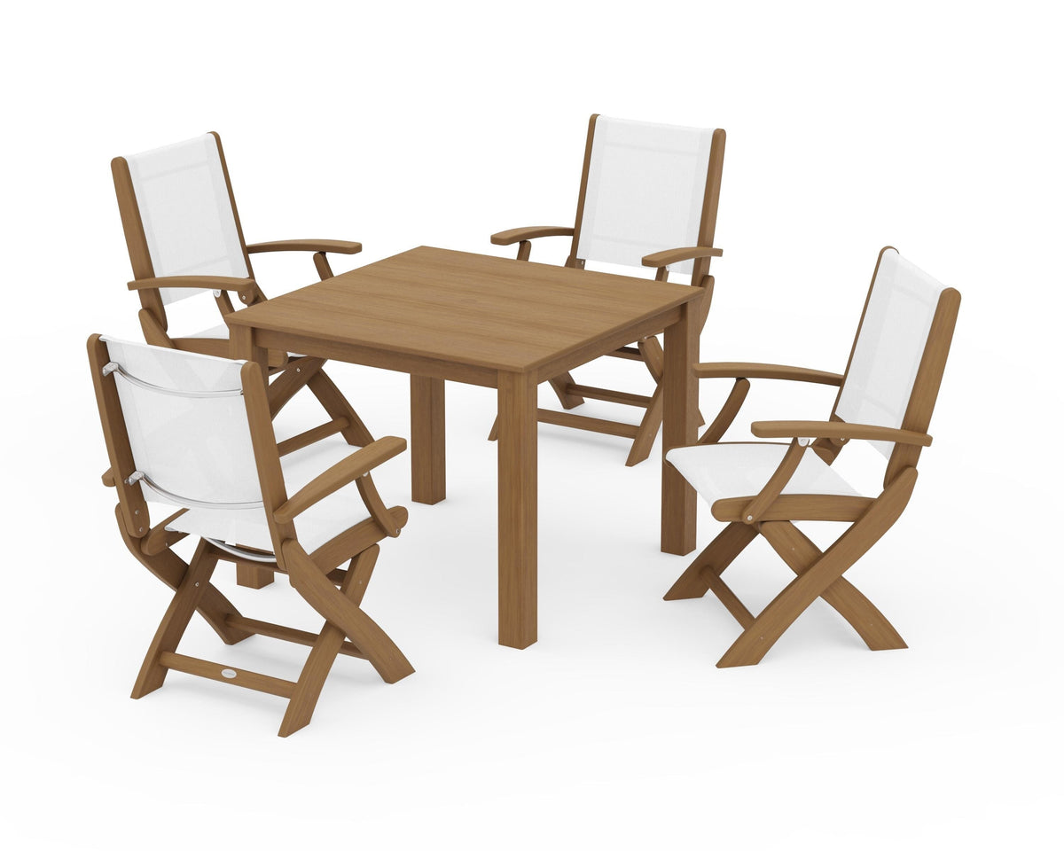 POLYWOOD Coastal Folding Chair 5-Piece Parsons Dining Set in Natural / White