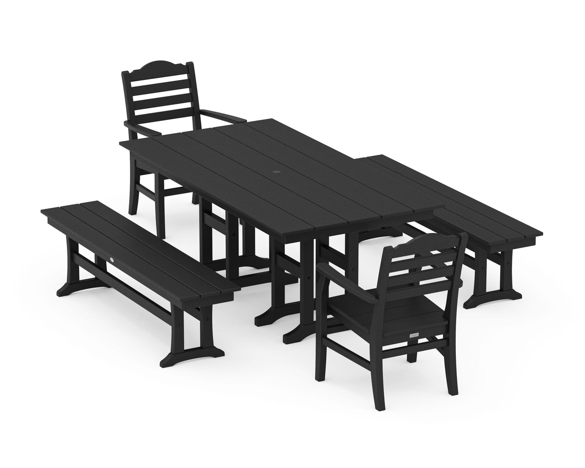 POLYWOOD Savannah 5-Piece Farmhouse Dining Set with Benches in Black