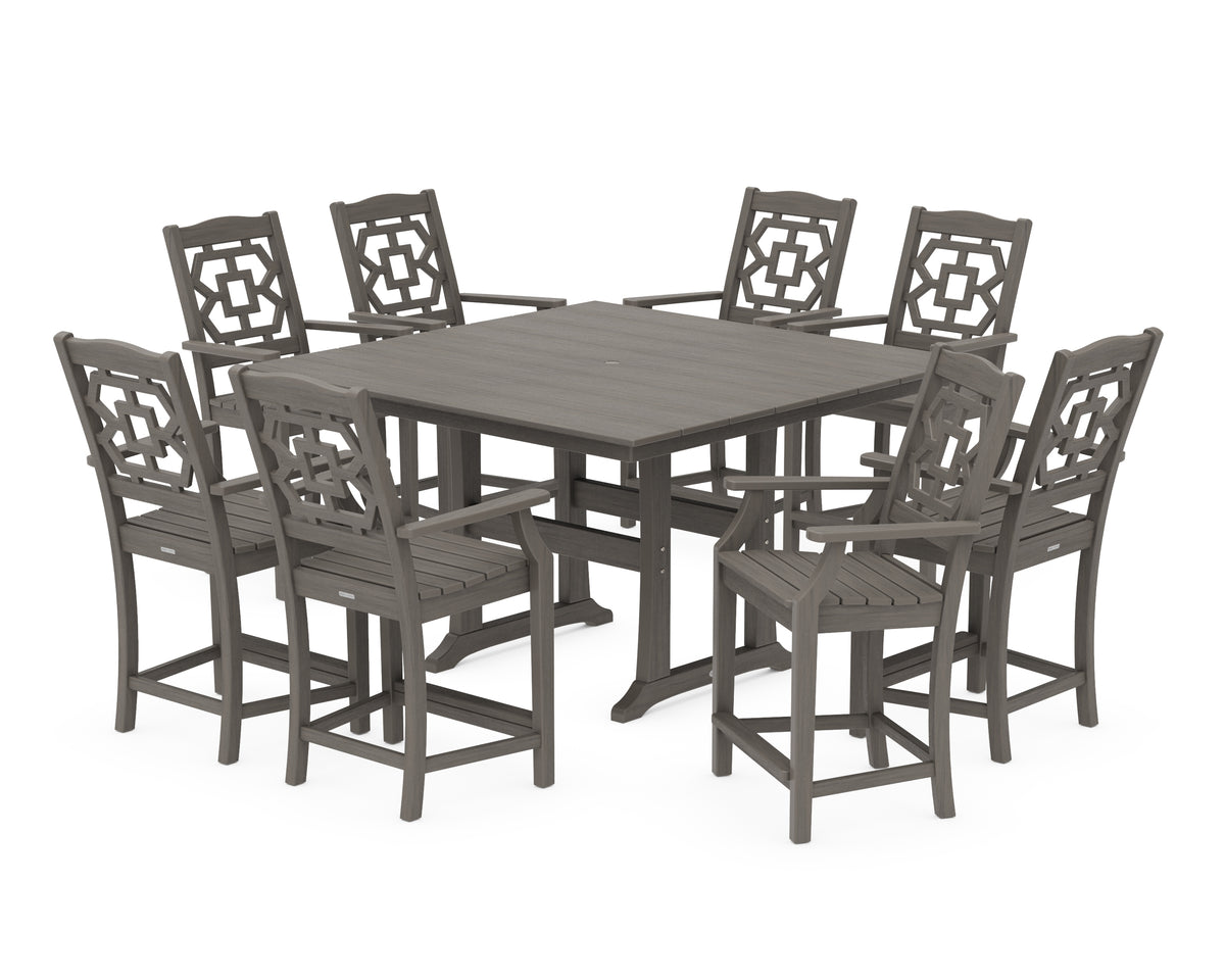 POLYWOOD Chinoiserie 9-Piece Square Farmhouse Counter Set with Trestle Legs in Driftwood
