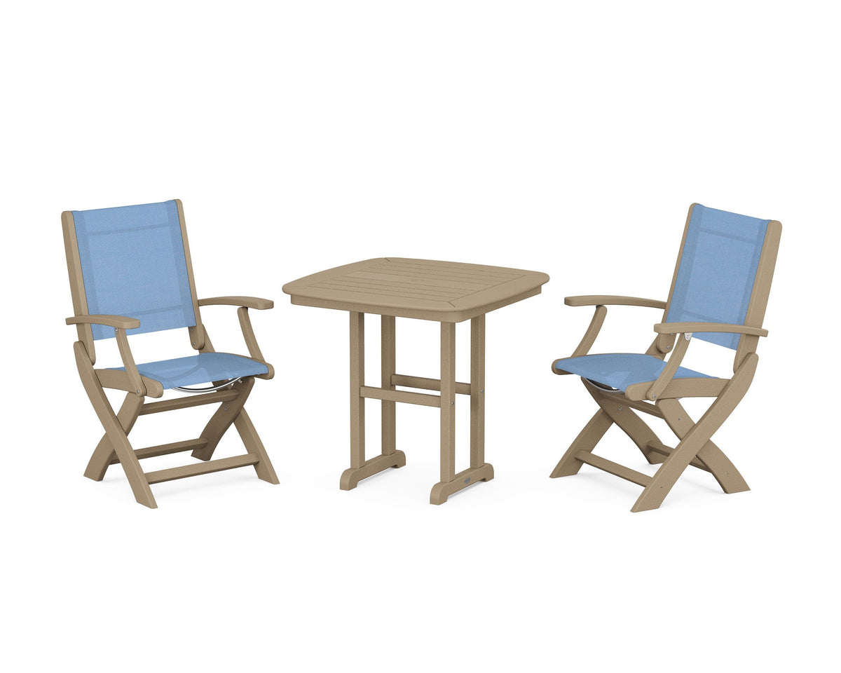 POLYWOOD Coastal Folding Chair 3-Piece Dining Set in Vintage Sahara / Poolside