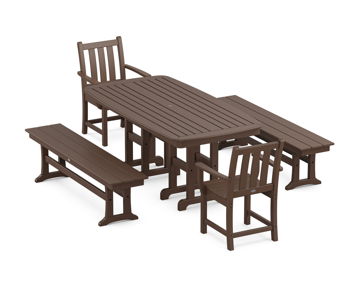 POLYWOOD Traditional Garden 5-Piece Dining Set with Benches - 37" x 72" Table in Mahogany