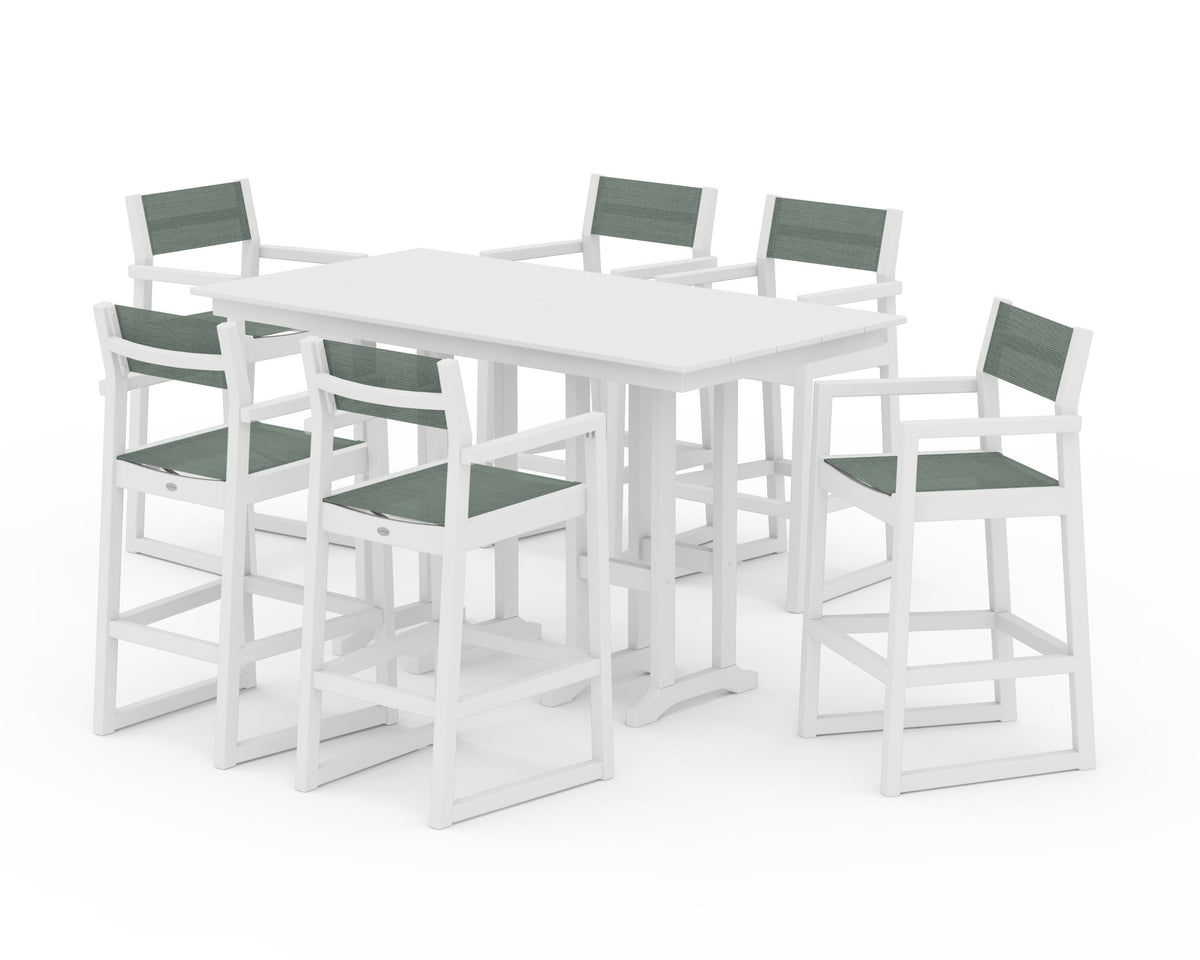 POLYWOOD EDGE Sling Arm Chair 7-Piece Farmhouse Bar Set in White / Dupioni Sea Mist