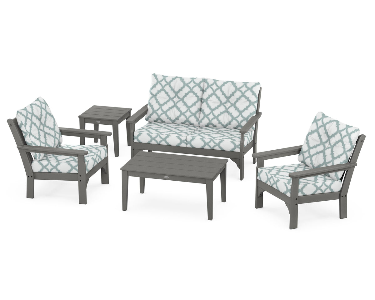 POLYWOOD Vineyard 5-Piece Deep Seating Set with Two Chairs and Loveseat in Slate Grey / Trellis Glacier Spa