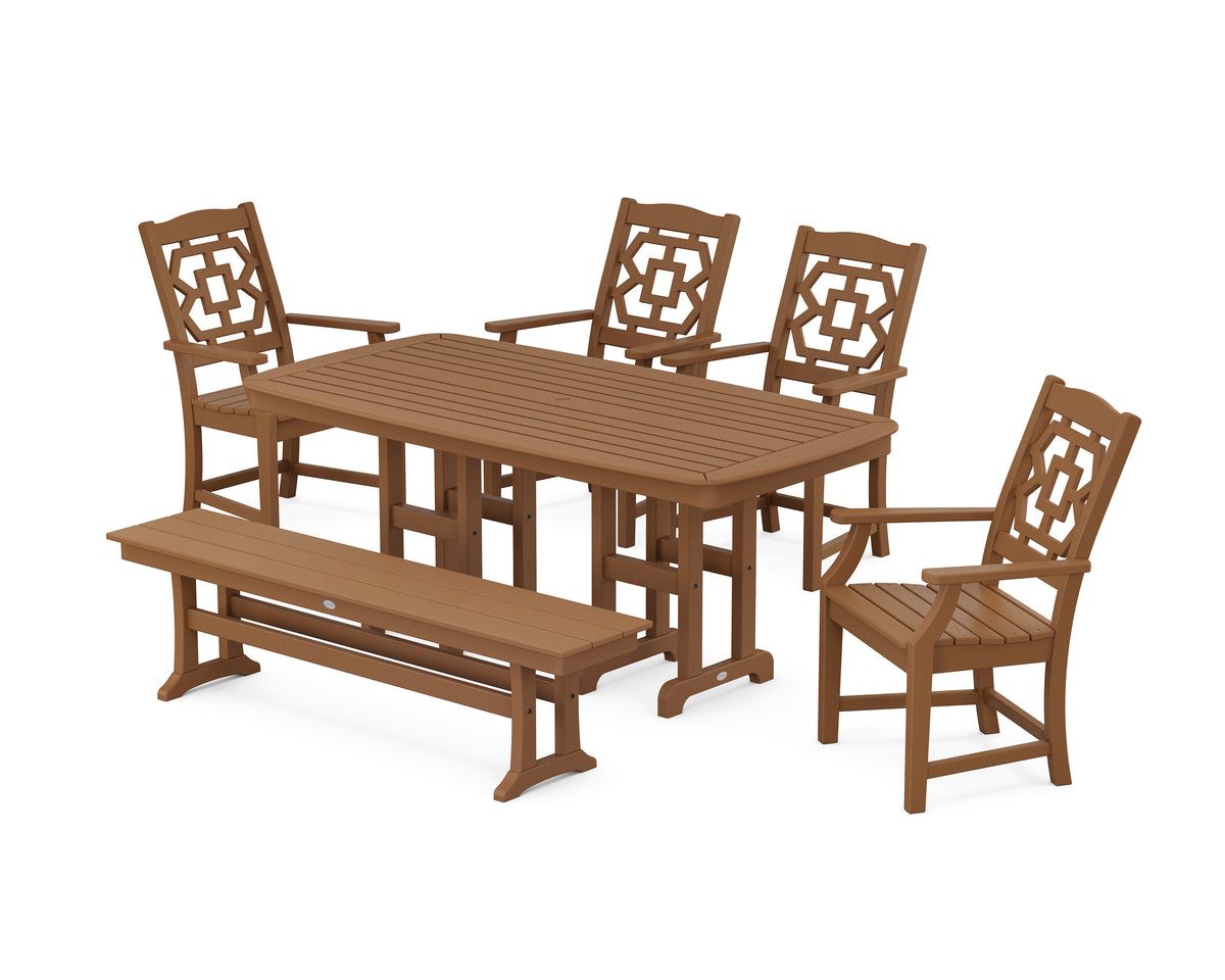 POLYWOOD Chinoiserie 6-Piece Dining Set with Bench in Teak