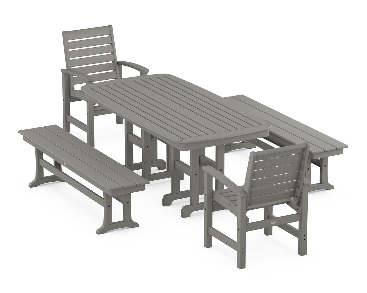 POLYWOOD Signature 5-Piece Dining Set with Benches - 37" x 72" Table in Slate Grey