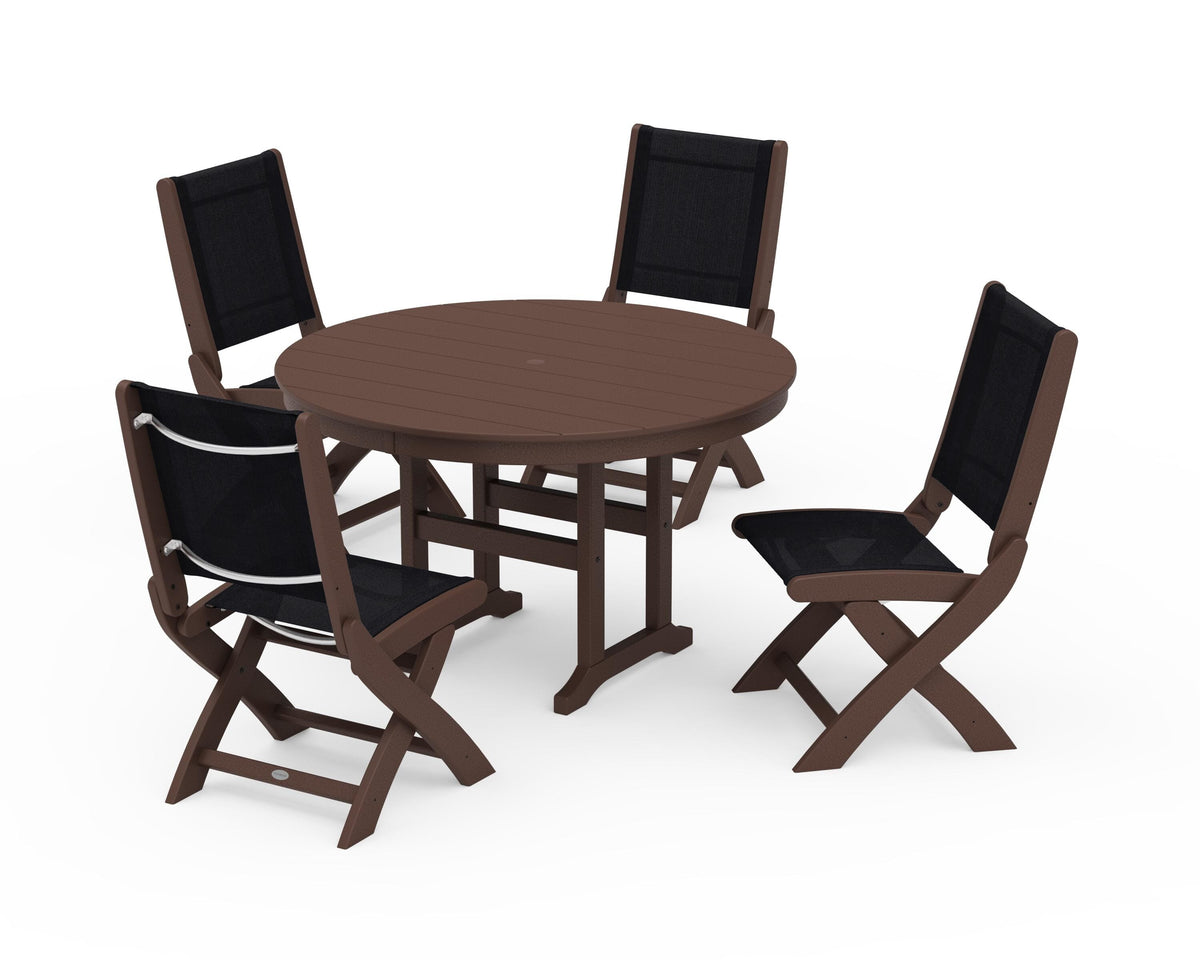 POLYWOOD Coastal Folding Side Chair 5-Piece Round Dining Set in Mahogany / Black