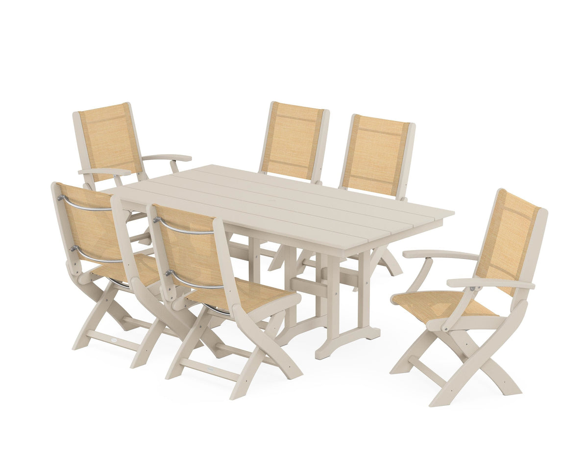 POLYWOOD Coastal Folding Chair 7-Piece Farmhouse Dining Set in Sand / Dupioni Apricot