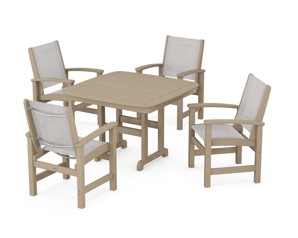 POLYWOOD Coastal 5-Piece Dining Set with Nautical 44" Dining Table in Vintage Sahara / Parchment