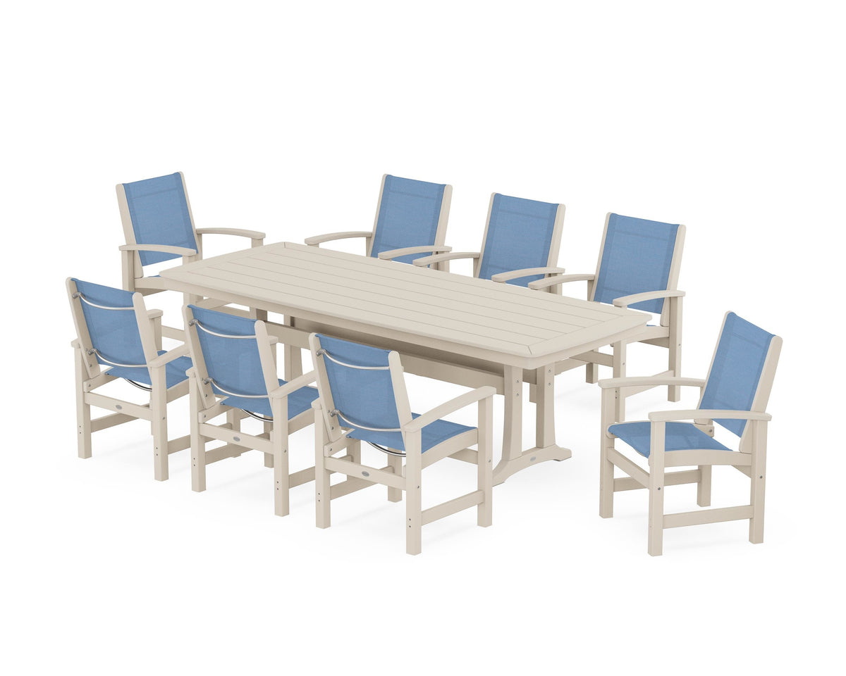 POLYWOOD Coastal 9-Piece Dining Set with Trestle Legs in Sand / Poolside