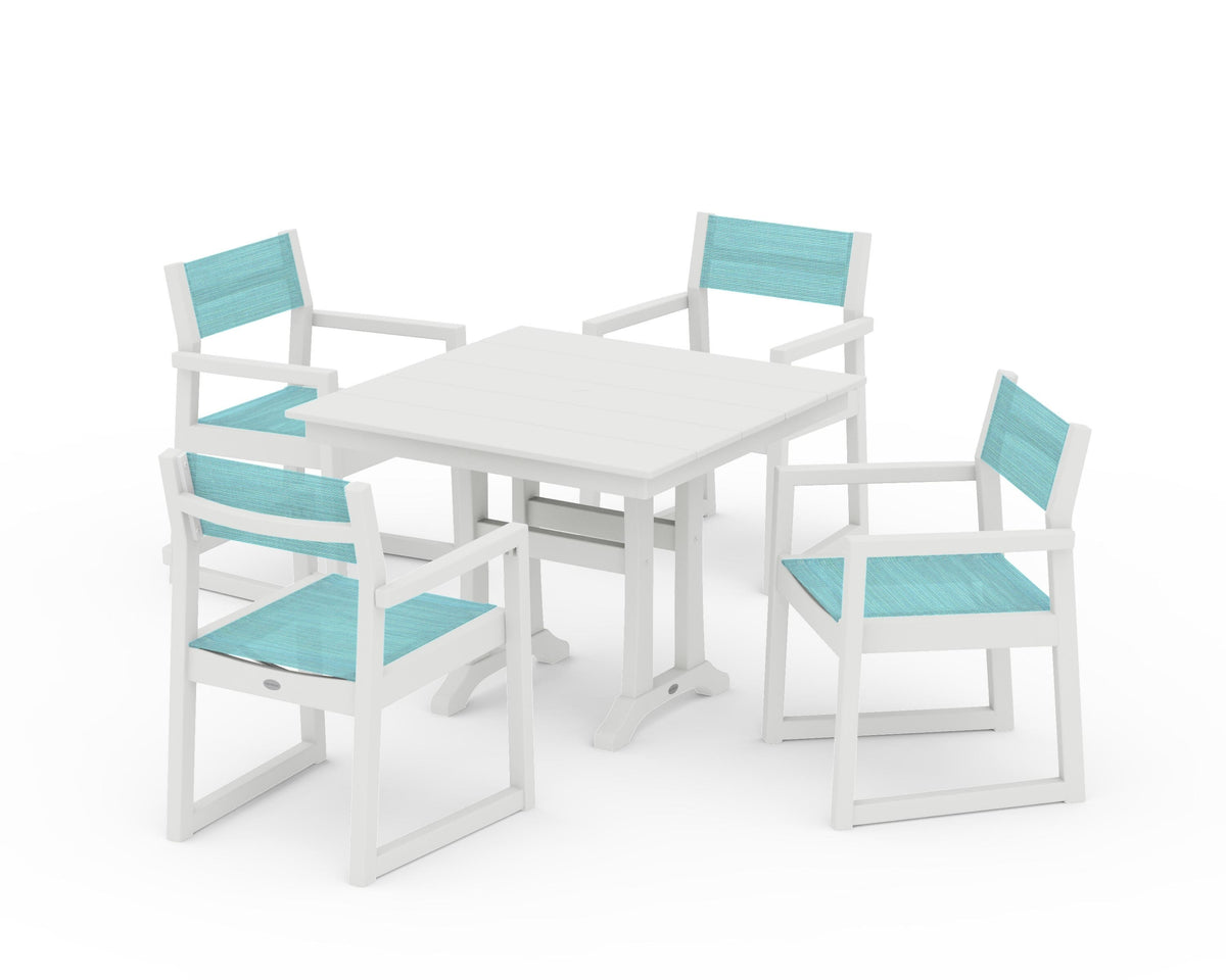 POLYWOOD EDGE Sling 5-Piece Farmhouse Dining Set with Trestle Legs in Vintage White / Dupioni Aquamarine