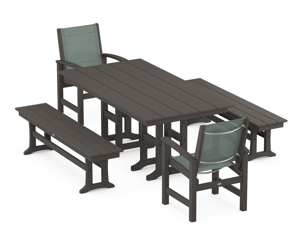 POLYWOOD Coastal 5-Piece Farmhouse Dining Set with Farmhouse 37" x 72" Dining Table in Vintage Coffee / Dupioni Sea Mist