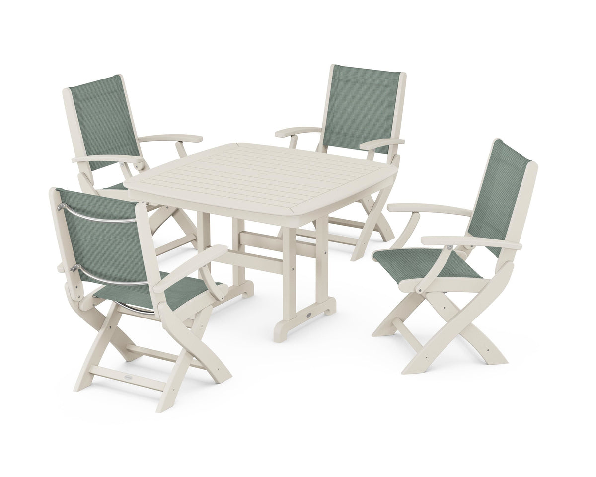 POLYWOOD Coastal Folding Chair 5-Piece Dining Set with Nautical 44" Dining Table in Sand / Dupioni Sea Mist