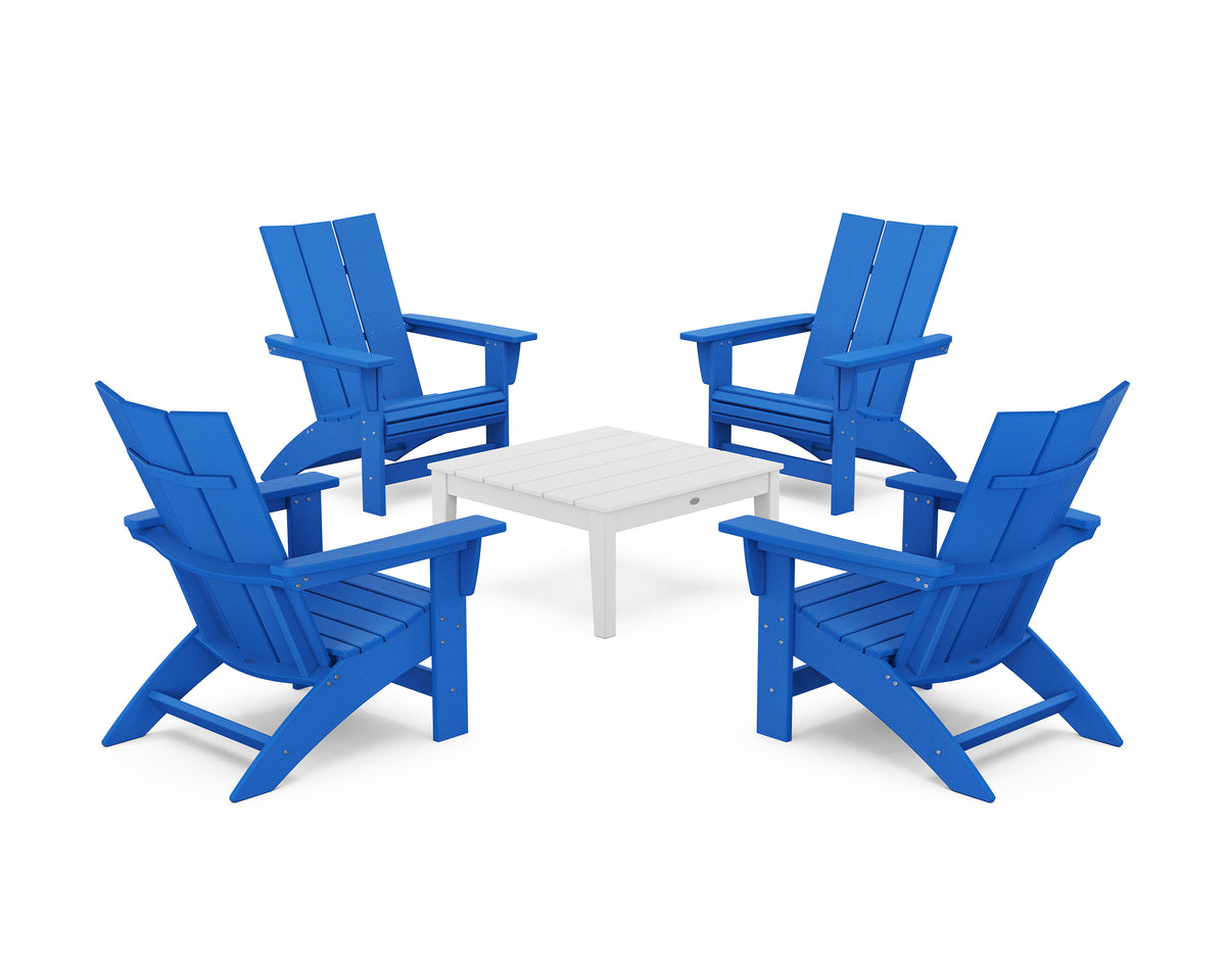 POLYWOOD 5-Piece Modern Grand Adirondack Chair Conversation Group in Pacific Blue / White