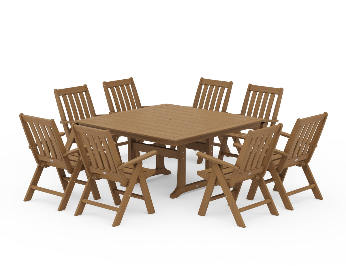 POLYWOOD Vineyard Folding Chair 9-Piece Square Dining Set with Trestle Legs in Natural